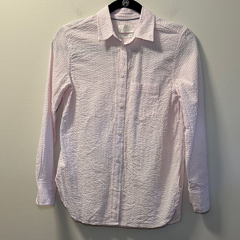 J. Crew Women’s Pink/White Stripe Classic Fit Seersucker Long Sleeve Top Sz 00